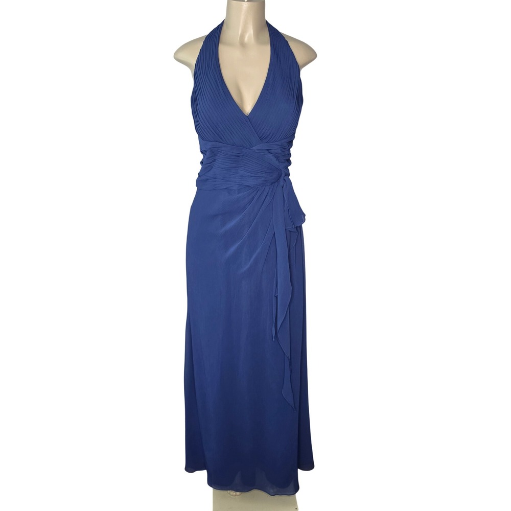 David's Bridal Gown Women 14 Blue F12688 Halter Pleated Chiffon Formal Maxi